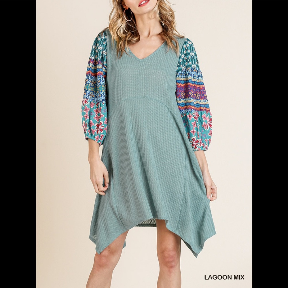 Umgee print long sleeve waffle knit dress NWT